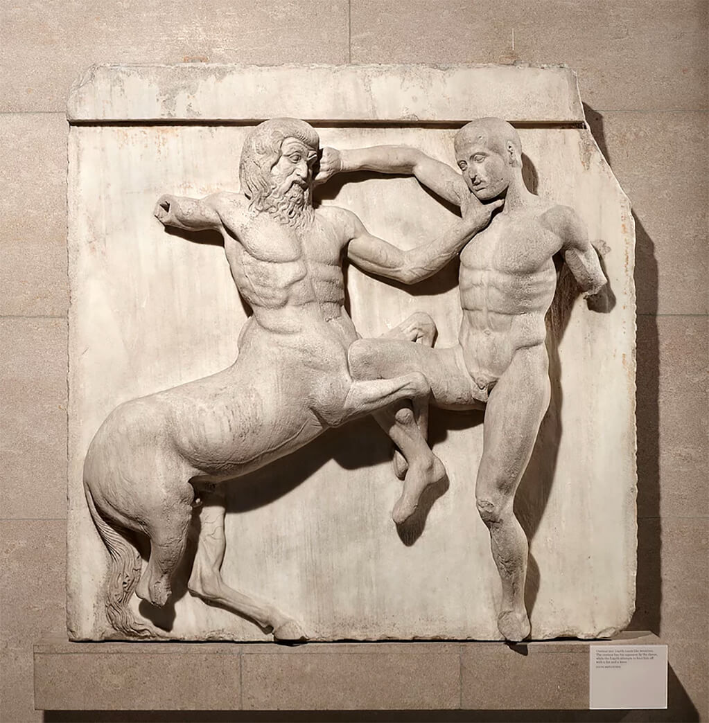 Centaur and Lapith, metope from the south side of the Parthenon, 447-438 BC; British Museum
